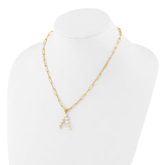 Sterling Silver Gold-plated 3-5.5mm White Button Freshwater Cultured Pearl LETTER A 18 inch Necklace QH5808GPA-18