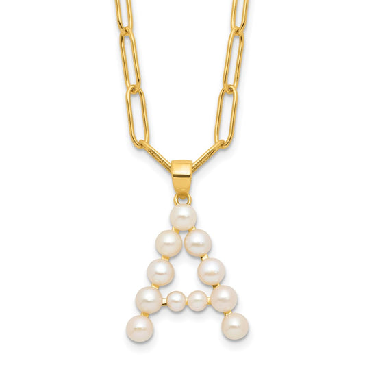 Sterling Silver Gold-plated 3-5.5mm White Button Freshwater Cultured Pearl LETTER A 18 inch Necklace QH5808GPA-18