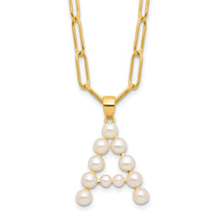 Sterling Silver Gold-plated 3-5.5mm White Button Freshwater Cultured Pearl LETTER A 18 inch Necklace QH5808GPA-18