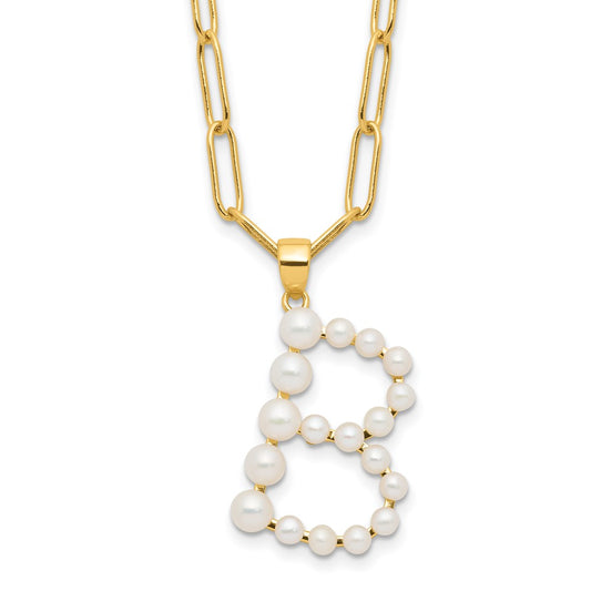 Sterling Silver Gold-plated 3-5.5mm White Button Freshwater Cultured Pearl LETTER B 18 inch Necklace QH5808GPB-18