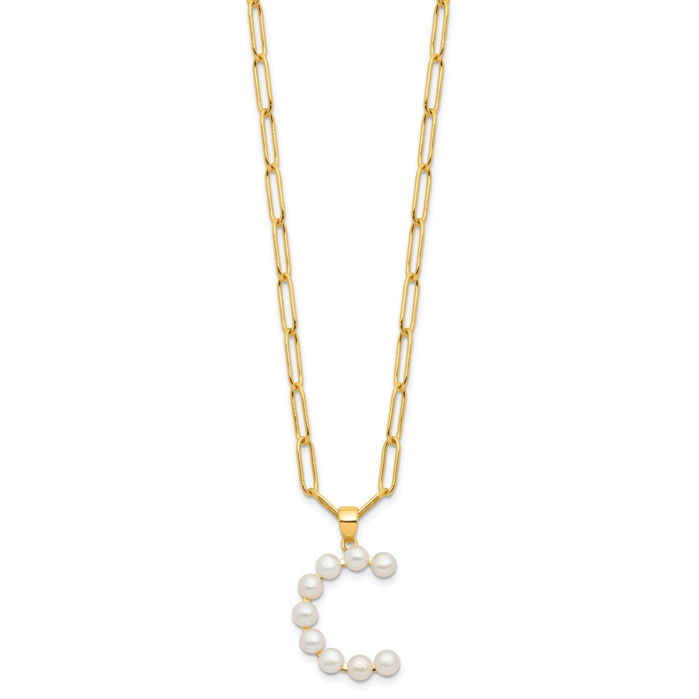 Sterling Silver Gold-plated 3-5.5mm White Button Freshwater Cultured Pearl LETTER C 18 inch Necklace QH5808GPC-18