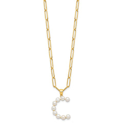 Sterling Silver Gold-plated 3-5.5mm White Button Freshwater Cultured Pearl LETTER C 18 inch Necklace QH5808GPC-18