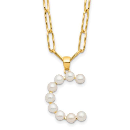 Sterling Silver Gold-plated 3-5.5mm White Button Freshwater Cultured Pearl LETTER C 18 inch Necklace QH5808GPC-18