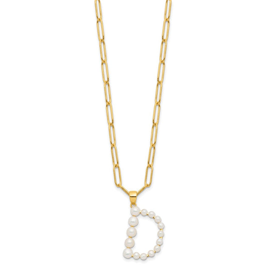 Sterling Silver Gold-plated 3-5.5mm White Button Freshwater Cultured Pearl LETTER D 18 inch Necklace QH5808GPD-18