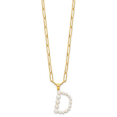 Sterling Silver Gold-plated 3-5.5mm White Button Freshwater Cultured Pearl LETTER D 18 inch Necklace QH5808GPD-18