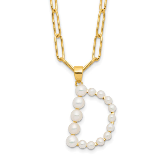 Sterling Silver Gold-plated 3-5.5mm White Button Freshwater Cultured Pearl LETTER D 18 inch Necklace QH5808GPD-18