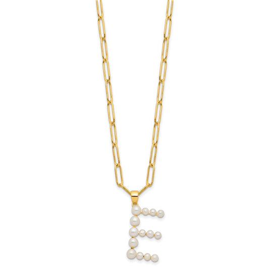Sterling Silver Gold-plated 3-6mm White Button Freshwater Cultured Pearl LETTER E 18 inch Necklace QH5808GPE-18