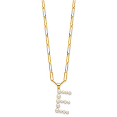 Sterling Silver Gold-plated 3-6mm White Button Freshwater Cultured Pearl LETTER E 18 inch Necklace QH5808GPE-18