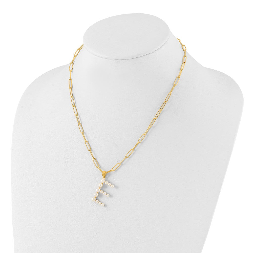 Sterling Silver Gold-plated 3-6mm White Button Freshwater Cultured Pearl LETTER E 18 inch Necklace QH5808GPE-18
