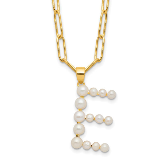Sterling Silver Gold-plated 3-6mm White Button Freshwater Cultured Pearl LETTER E 18 inch Necklace QH5808GPE-18