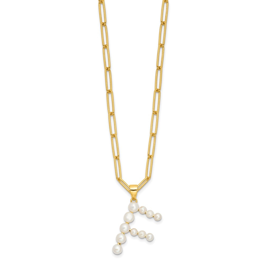Sterling Silver Gold-plated 3-5.5mm White Button Freshwater Cultured Pearl LETTER F 18 inch Necklace QH5808GPF-18