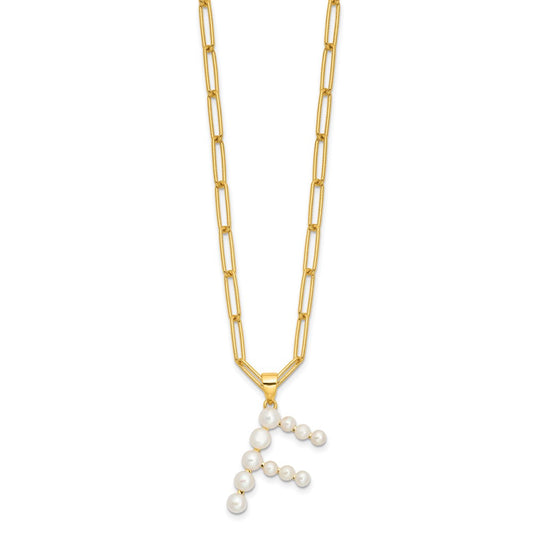 Sterling Silver Gold-plated 3-5.5mm White Button Freshwater Cultured Pearl LETTER F 18 inch Necklace QH5808GPF-18