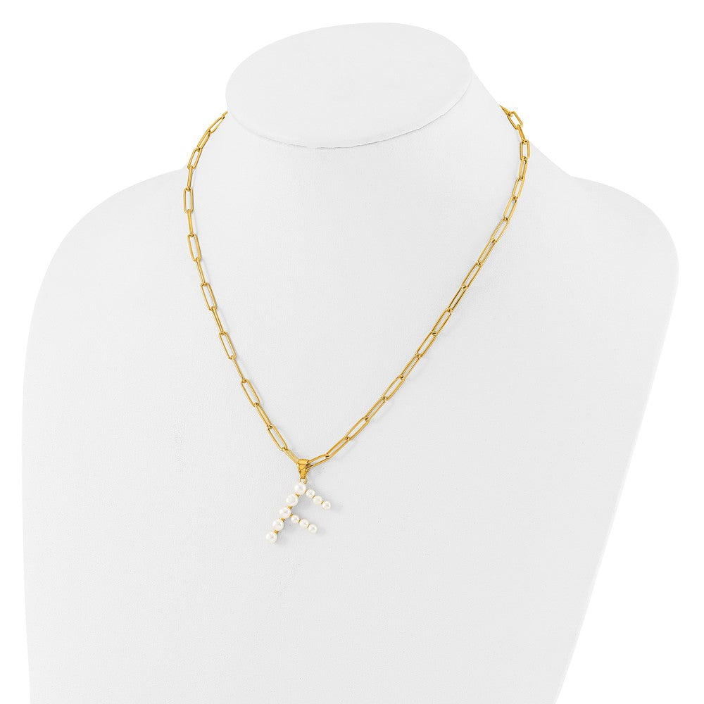 Sterling Silver Gold-plated 3-5.5mm White Button Freshwater Cultured Pearl LETTER F 18 inch Necklace QH5808GPF-18