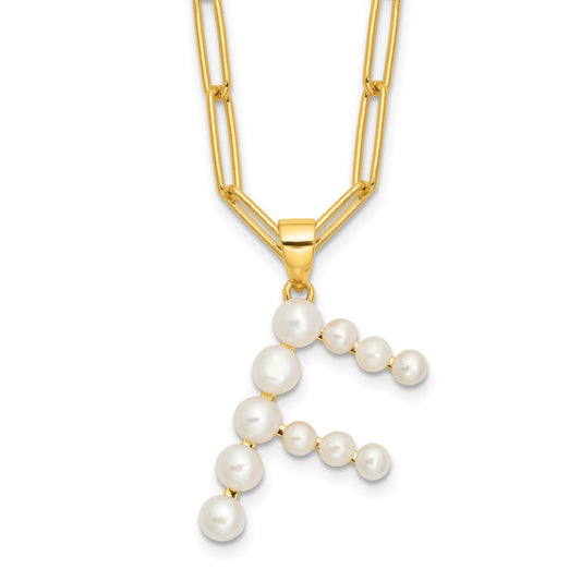 Sterling Silver Gold-plated 3-5.5mm White Button Freshwater Cultured Pearl LETTER F 18 inch Necklace QH5808GPF-18