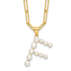 Sterling Silver Gold-plated 3-5.5mm White Button Freshwater Cultured Pearl LETTER F 18 inch Necklace QH5808GPF-18