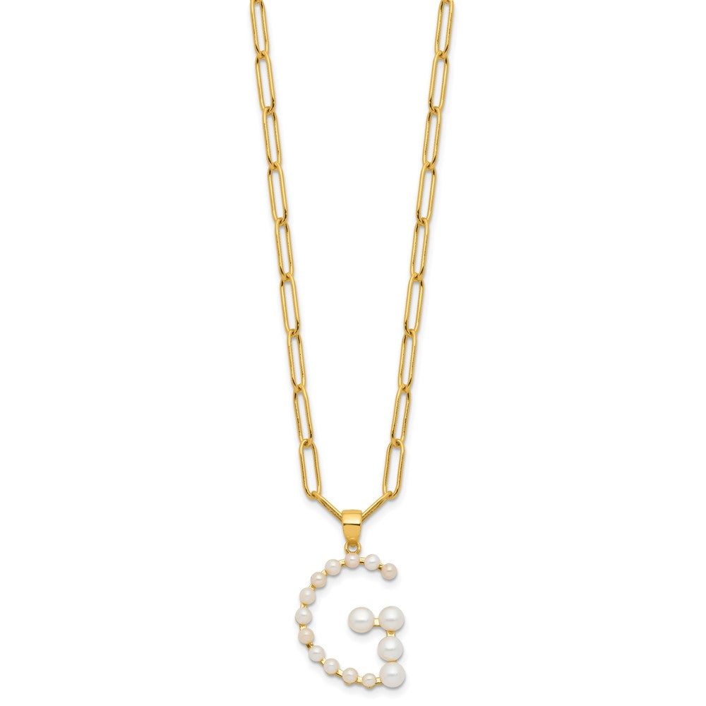 Sterling Silver Gold-plated 3-5.5mm White Button Freshwater Cultured Pearl LETTER G 18 inch Necklace QH5808GPG-18