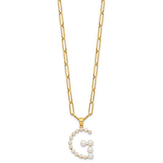 Sterling Silver Gold-plated 3-5.5mm White Button Freshwater Cultured Pearl LETTER G 18 inch Necklace QH5808GPG-18