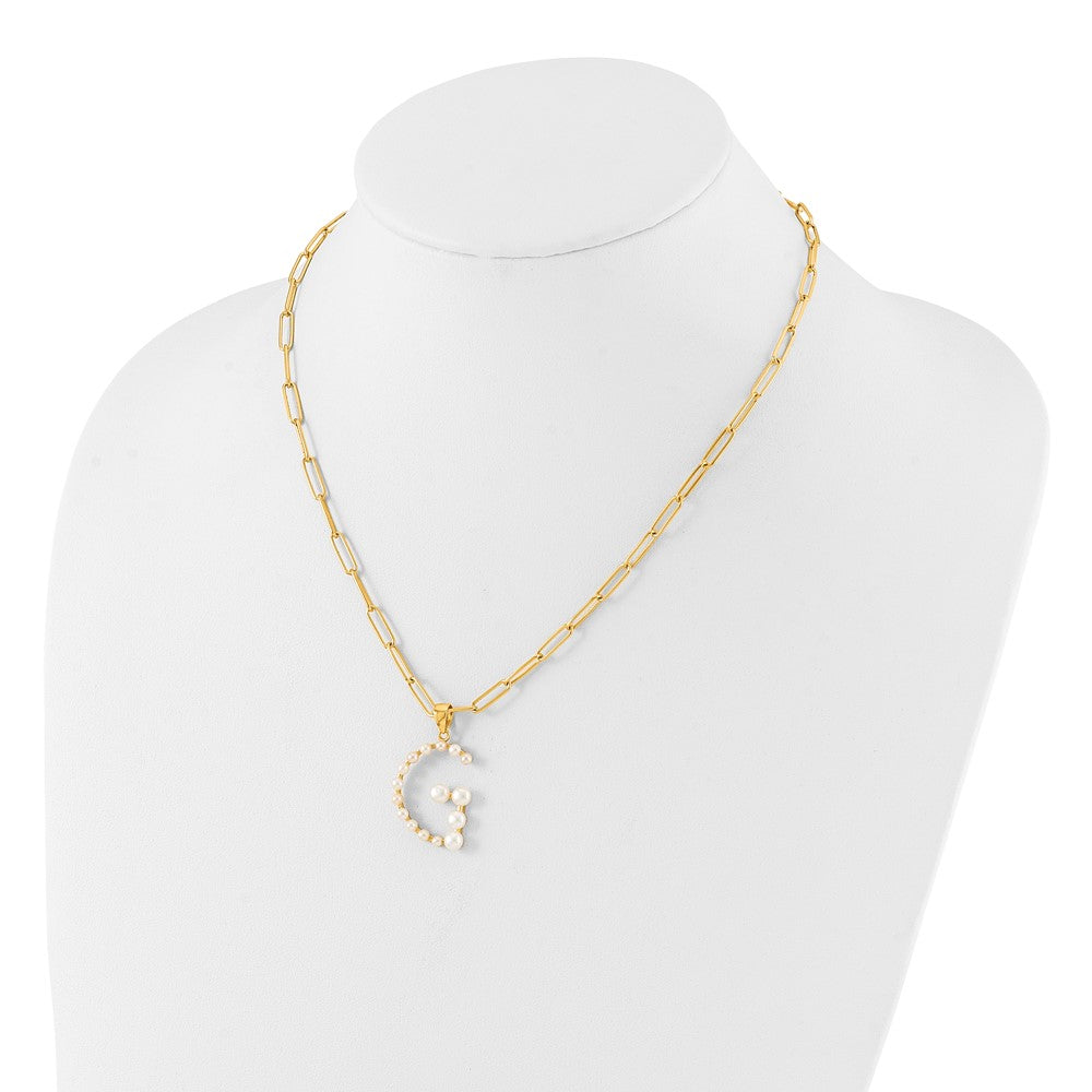 Sterling Silver Gold-plated 3-5.5mm White Button Freshwater Cultured Pearl LETTER G 18 inch Necklace QH5808GPG-18