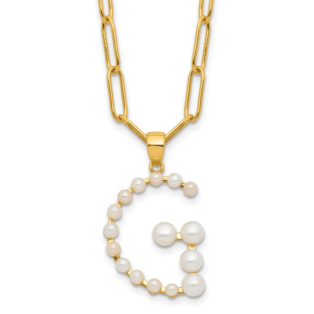 Sterling Silver Gold-plated 3-5.5mm White Button Freshwater Cultured Pearl LETTER G 18 inch Necklace QH5808GPG-18