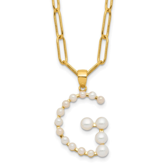 Sterling Silver Gold-plated 3-5.5mm White Button Freshwater Cultured Pearl LETTER G 18 inch Necklace QH5808GPG-18