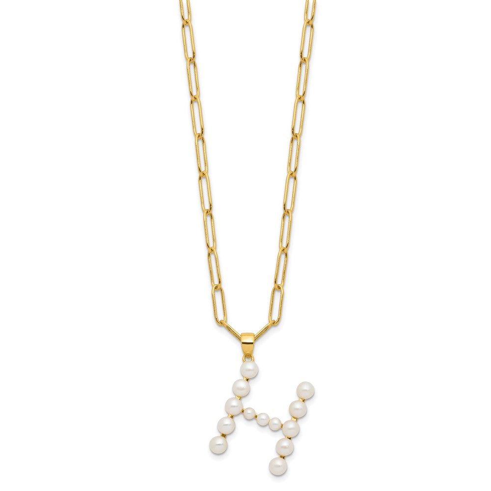 Sterling Silver Gold-plated 3-5.5mm White Button Freshwater Cultured Pearl LETTER H 18 inch Necklace QH5808GPH-18