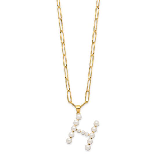 Sterling Silver Gold-plated 3-5.5mm White Button Freshwater Cultured Pearl LETTER H 18 inch Necklace QH5808GPH-18