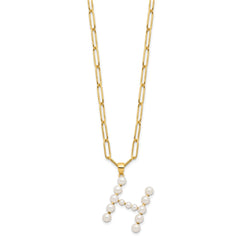 Sterling Silver Gold-plated 3-5.5mm White Button Freshwater Cultured Pearl LETTER H 18 inch Necklace QH5808GPH-18