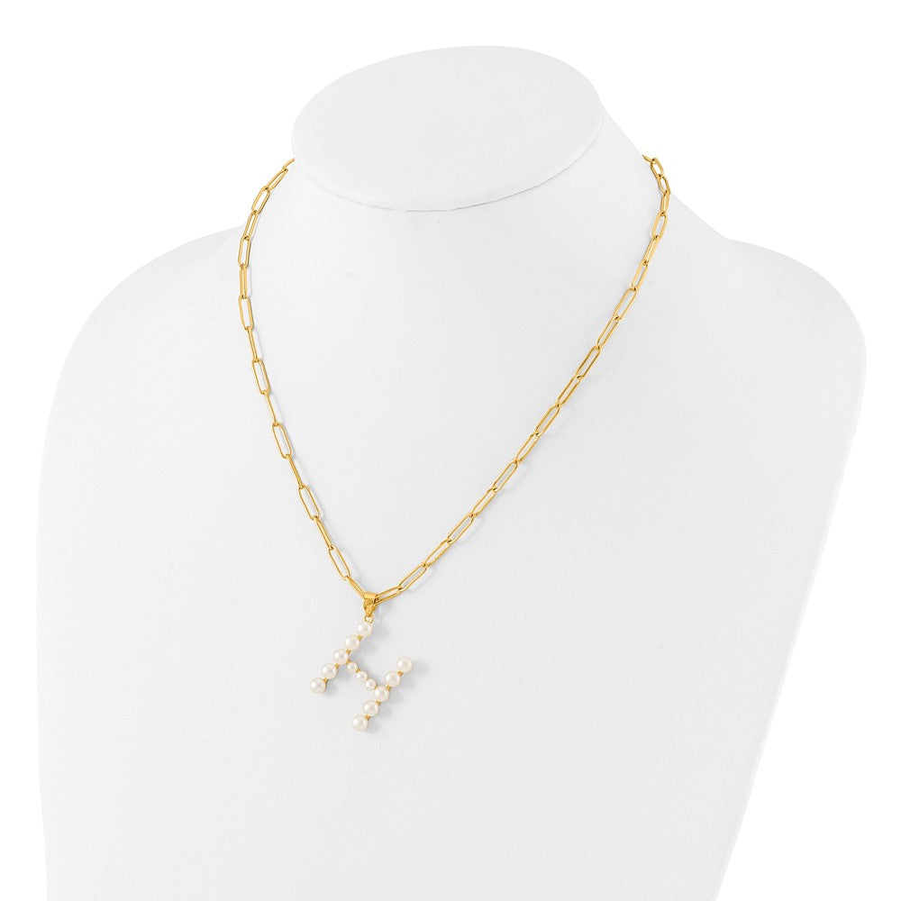 Sterling Silver Gold-plated 3-5.5mm White Button Freshwater Cultured Pearl LETTER H 18 inch Necklace QH5808GPH-18