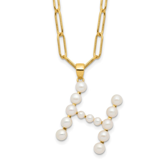 Sterling Silver Gold-plated 3-5.5mm White Button Freshwater Cultured Pearl LETTER H 18 inch Necklace QH5808GPH-18