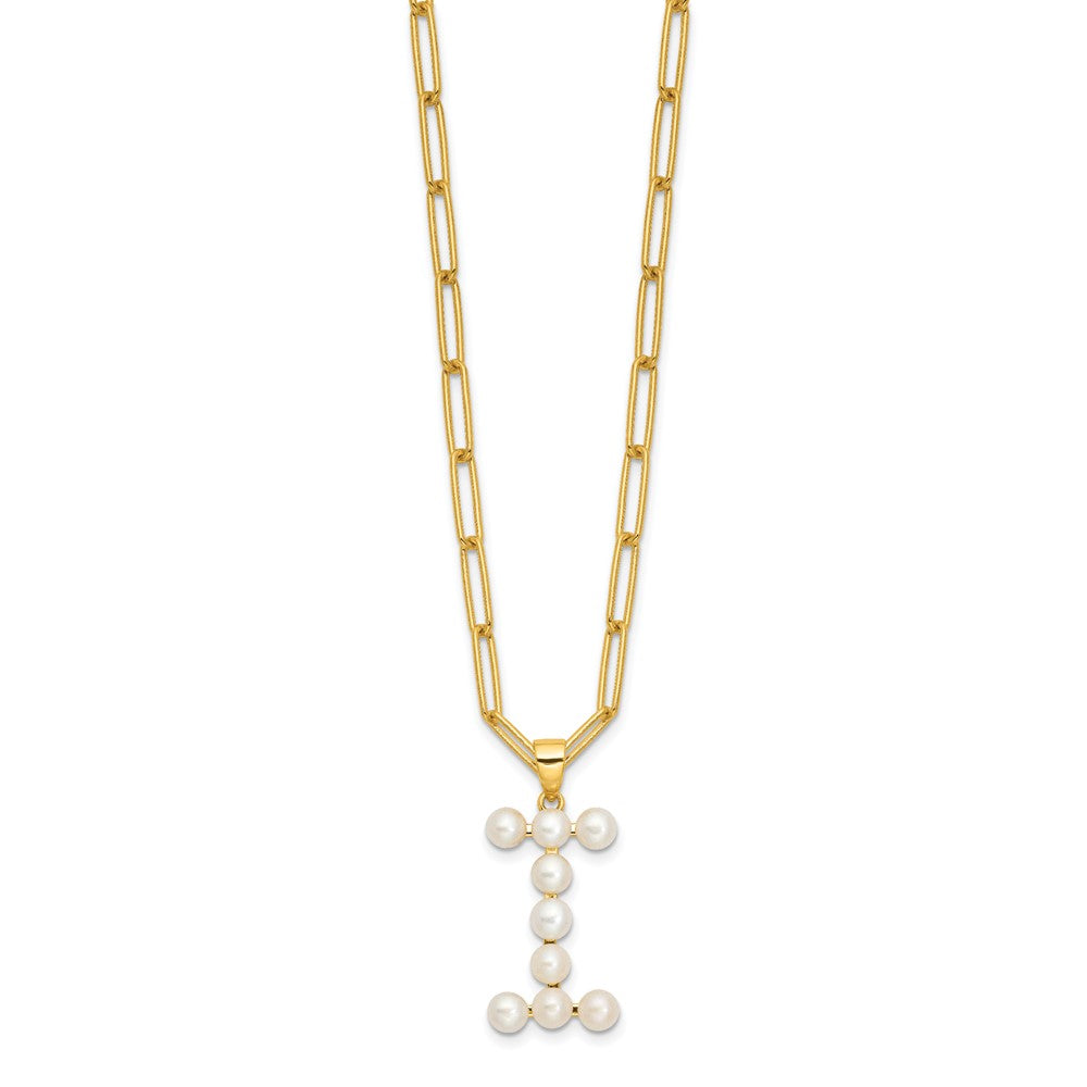 Sterling Silver Gold-plated 3-5.5mm White Button Freshwater Cultured Pearl LETTER I 18 inch Necklace QH5808GPI-18