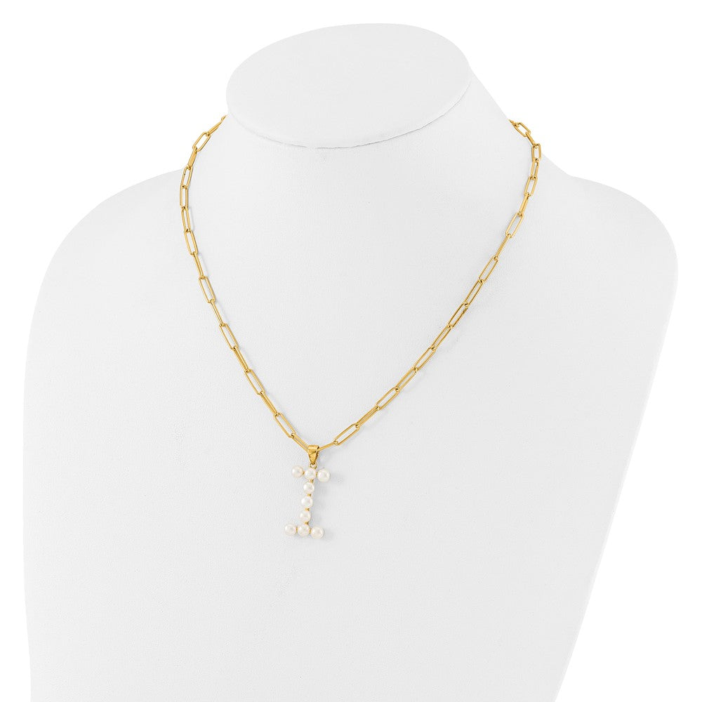 Sterling Silver Gold-plated 3-5.5mm White Button Freshwater Cultured Pearl LETTER I 18 inch Necklace QH5808GPI-18