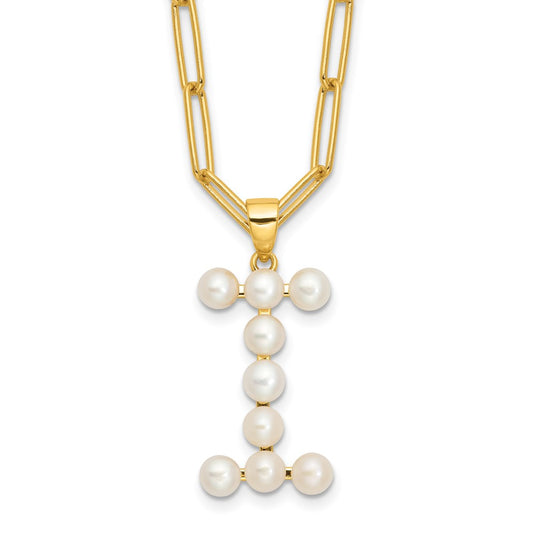 Sterling Silver Gold-plated 3-5.5mm White Button Freshwater Cultured Pearl LETTER I 18 inch Necklace QH5808GPI-18
