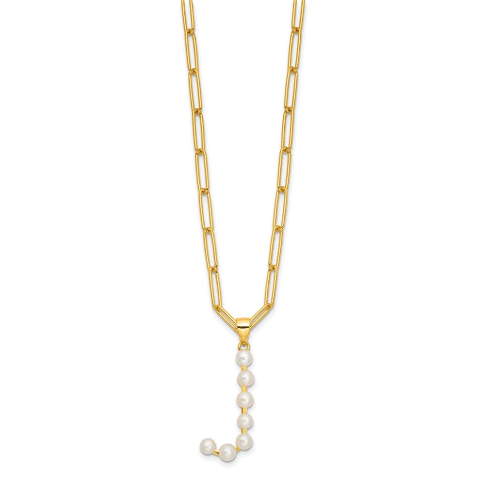 Sterling Silver Gold-plated 3-5.5mm White Button Freshwater Cultured Pearl LETTER J 18 inch Necklace QH5808GPJ-18