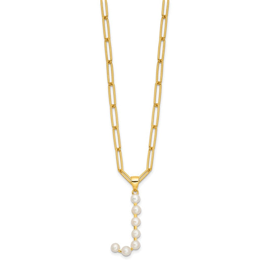 Sterling Silver Gold-plated 3-5.5mm White Button Freshwater Cultured Pearl LETTER J 18 inch Necklace QH5808GPJ-18