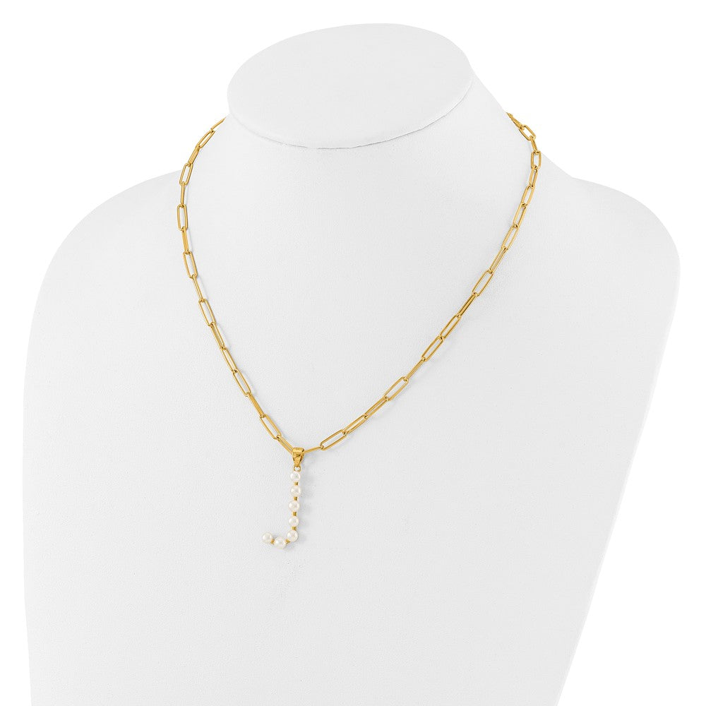 Sterling Silver Gold-plated 3-5.5mm White Button Freshwater Cultured Pearl LETTER J 18 inch Necklace QH5808GPJ-18
