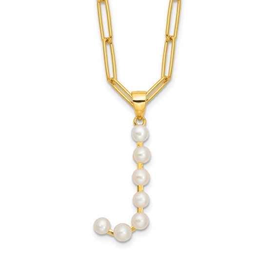 Sterling Silver Gold-plated 3-5.5mm White Button Freshwater Cultured Pearl LETTER J 18 inch Necklace QH5808GPJ-18