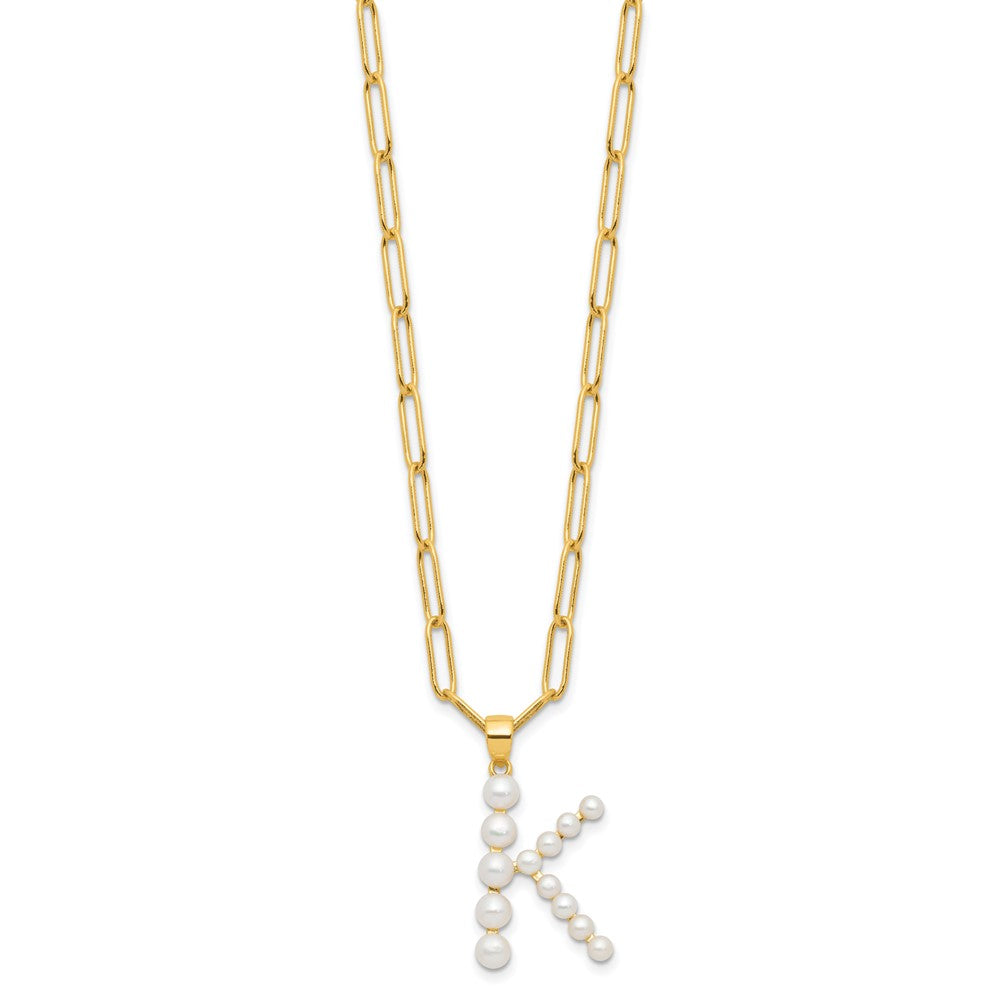 Sterling Silver Gold-plated 3-5.5mm White Button Freshwater Cultured Pearl LETTER K 18 inch Necklace QH5808GPK-18