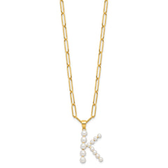Sterling Silver Gold-plated 3-5.5mm White Button Freshwater Cultured Pearl LETTER K 18 inch Necklace QH5808GPK-18