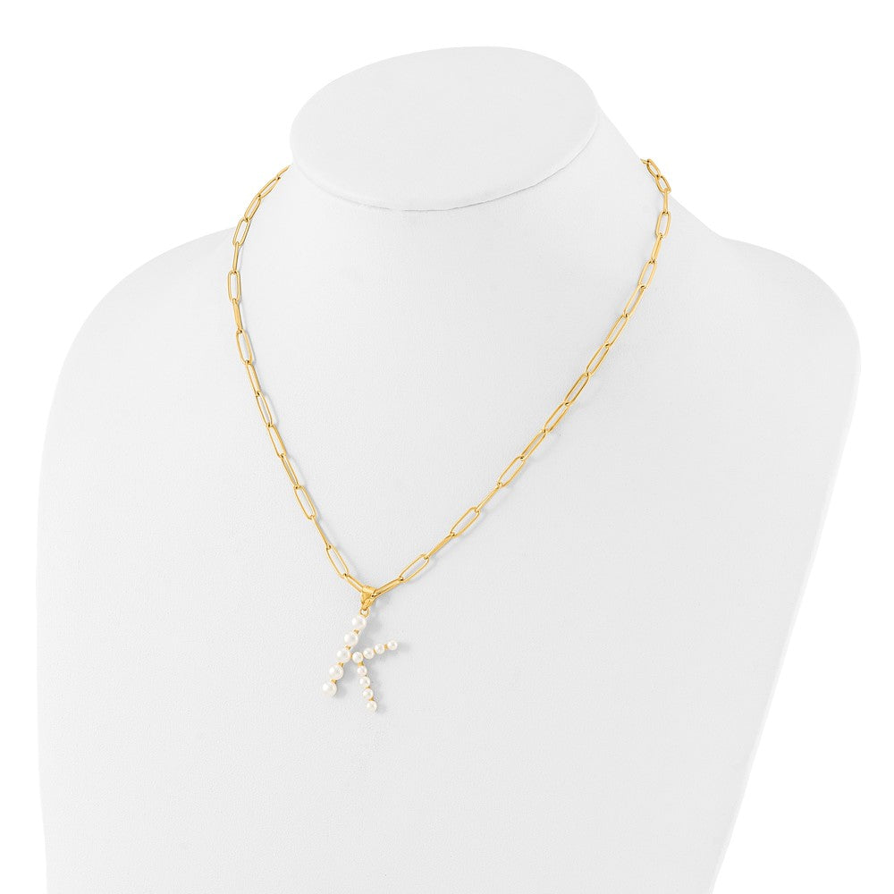Sterling Silver Gold-plated 3-5.5mm White Button Freshwater Cultured Pearl LETTER K 18 inch Necklace QH5808GPK-18
