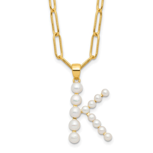 Sterling Silver Gold-plated 3-5.5mm White Button Freshwater Cultured Pearl LETTER K 18 inch Necklace QH5808GPK-18