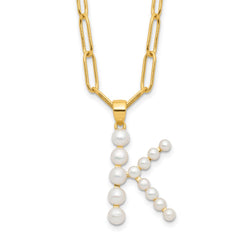 Sterling Silver Gold-plated 3-5.5mm White Button Freshwater Cultured Pearl LETTER K 18 inch Necklace QH5808GPK-18