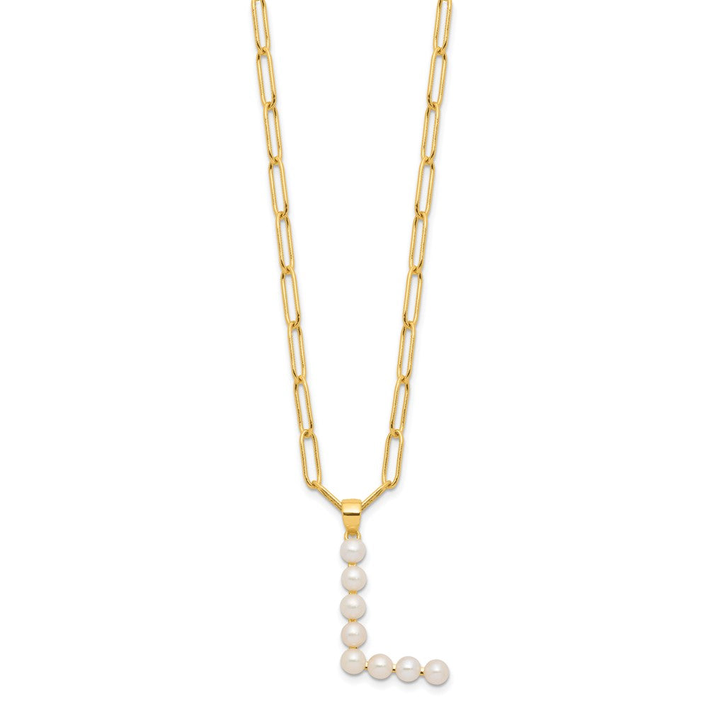Sterling Silver Gold-plated 3-5.5mm White Button Freshwater Cultured Pearl LETTER L 18 inch Necklace QH5808GPL-18