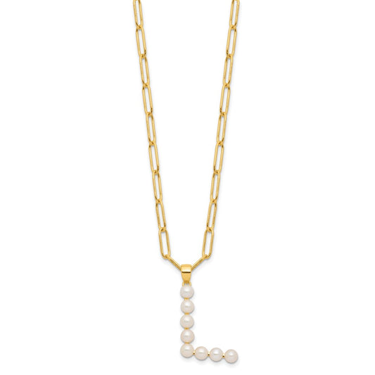 Sterling Silver Gold-plated 3-5.5mm White Button Freshwater Cultured Pearl LETTER L 18 inch Necklace QH5808GPL-18