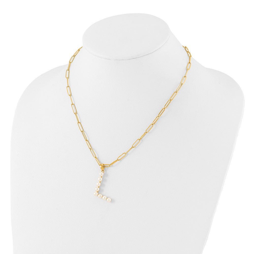Sterling Silver Gold-plated 3-5.5mm White Button Freshwater Cultured Pearl LETTER L 18 inch Necklace QH5808GPL-18
