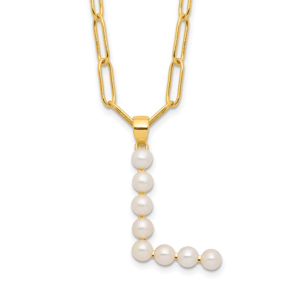 Sterling Silver Gold-plated 3-5.5mm White Button Freshwater Cultured Pearl LETTER L 18 inch Necklace QH5808GPL-18