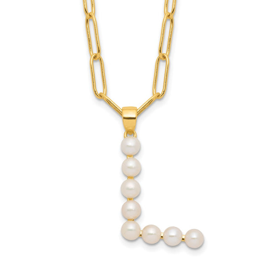 Sterling Silver Gold-plated 3-5.5mm White Button Freshwater Cultured Pearl LETTER L 18 inch Necklace QH5808GPL-18