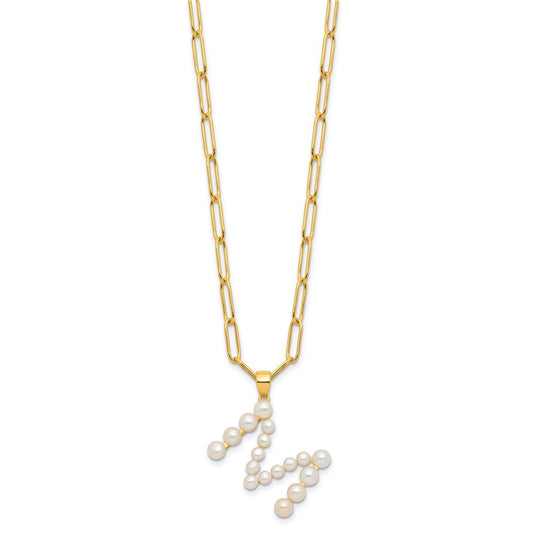 Sterling Silver Gold-plated 3-5.5mm White Button Freshwater Cultured Pearl LETTER M 18 inch Necklace QH5808GPM-18