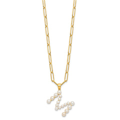 Sterling Silver Gold-plated 3-5.5mm White Button Freshwater Cultured Pearl LETTER M 18 inch Necklace QH5808GPM-18