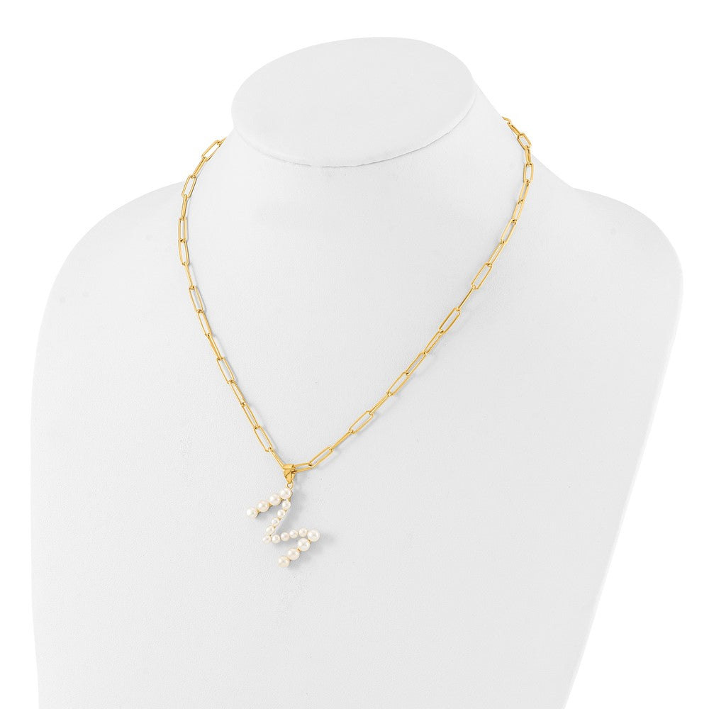 Sterling Silver Gold-plated 3-5.5mm White Button Freshwater Cultured Pearl LETTER M 18 inch Necklace QH5808GPM-18