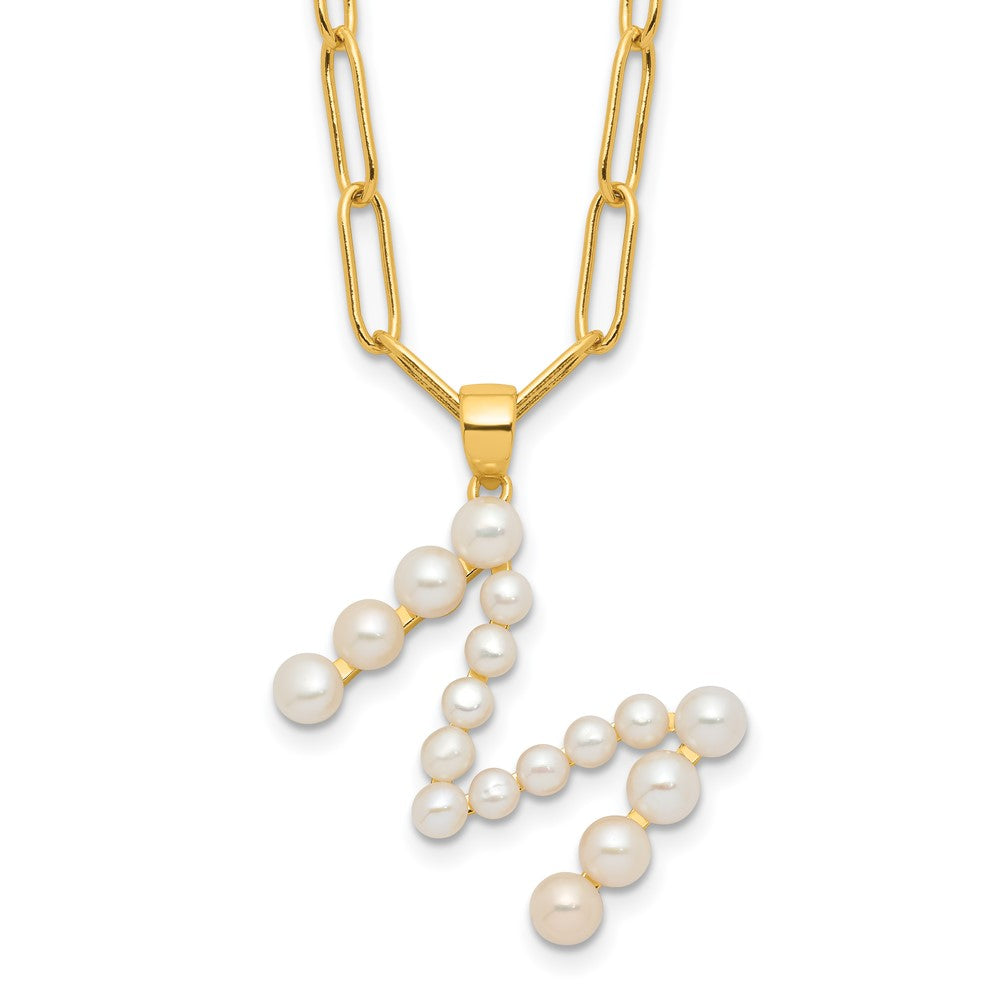 Sterling Silver Gold-plated 3-5.5mm White Button Freshwater Cultured Pearl LETTER M 18 inch Necklace QH5808GPM-18